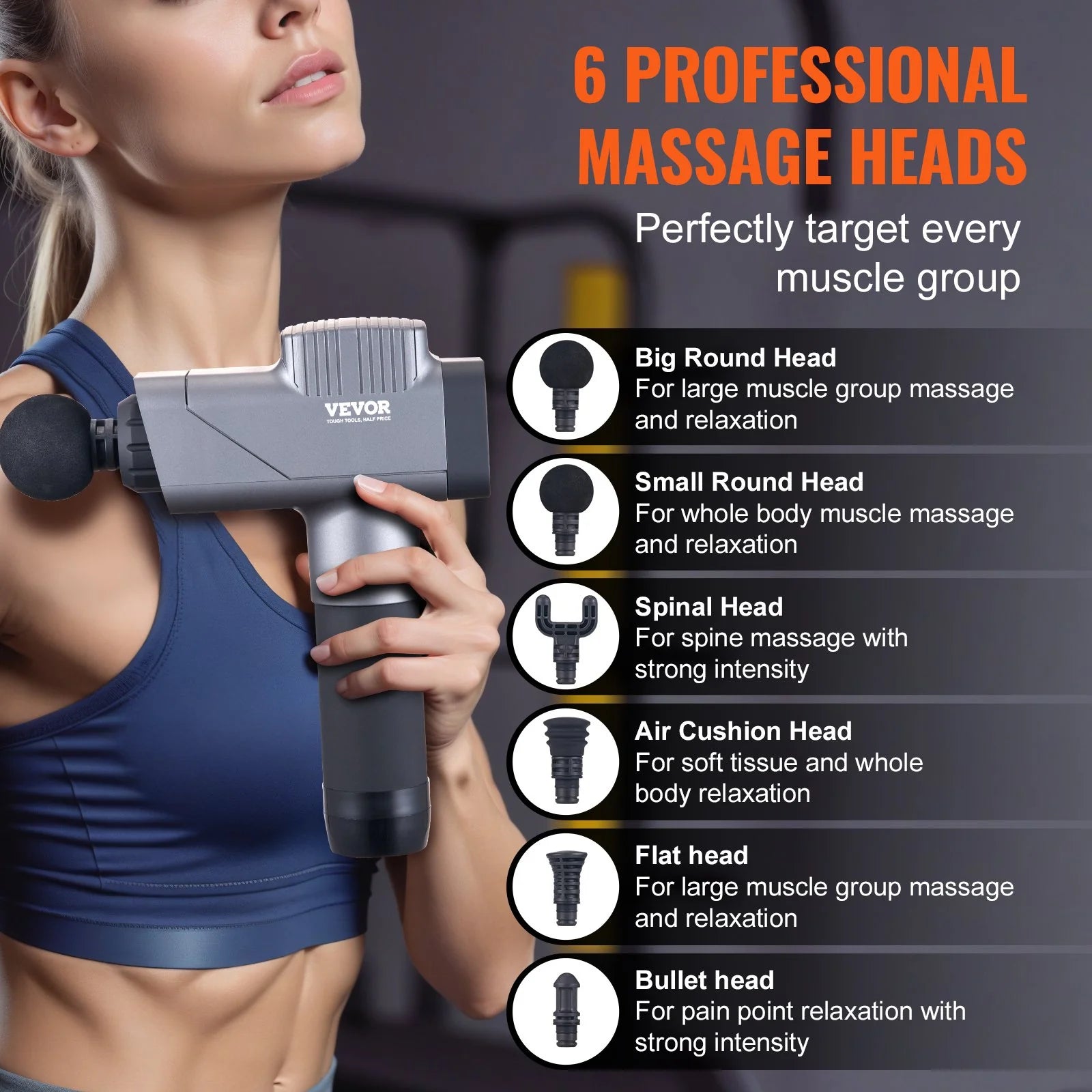 VEVOR Massage Gun Deep Tissue, Percussion Muscle Massager for Athletes - with 8 Speed Levels & 6 Massage Heads, 16V 2500Mah Batteries, Handheld Massage Gun for Pain Relief, Muscle Relaxation