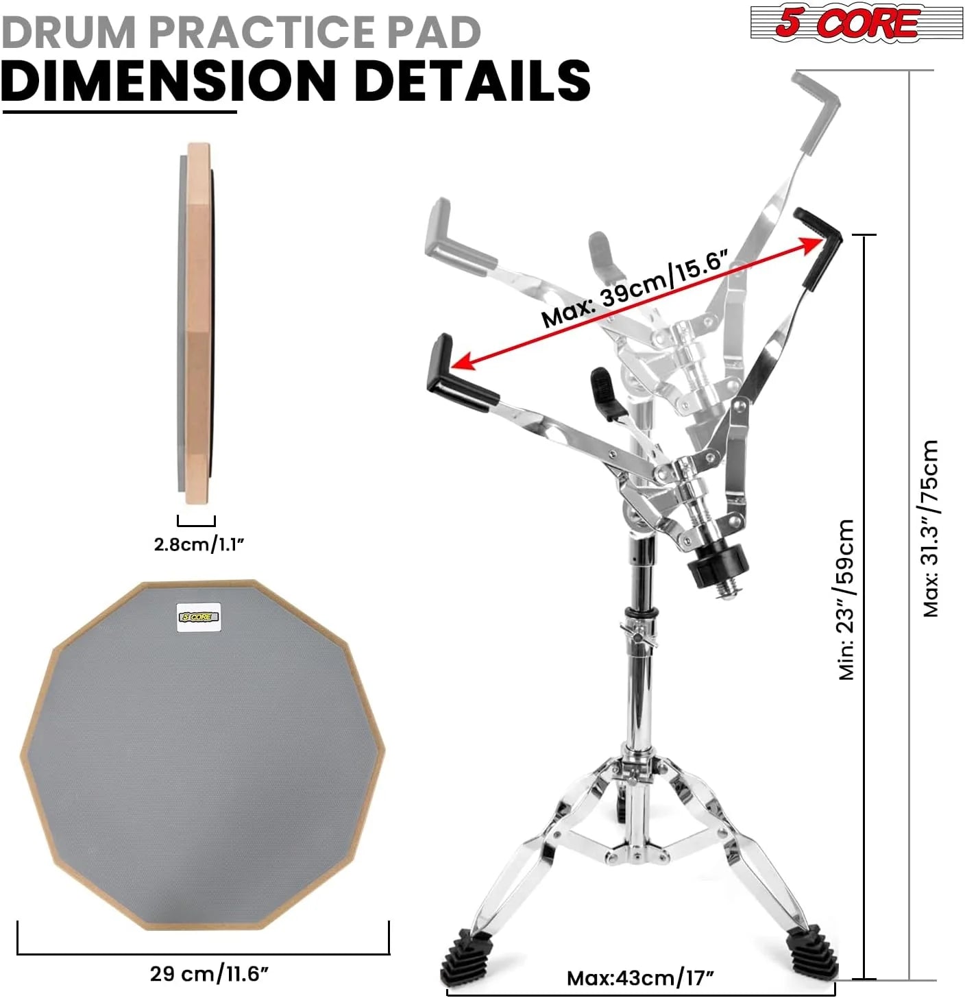 5Core Drum Throne Adjustable Guitar Stool Padded Seat + Drum Practice Pad Snare Drumming Stand